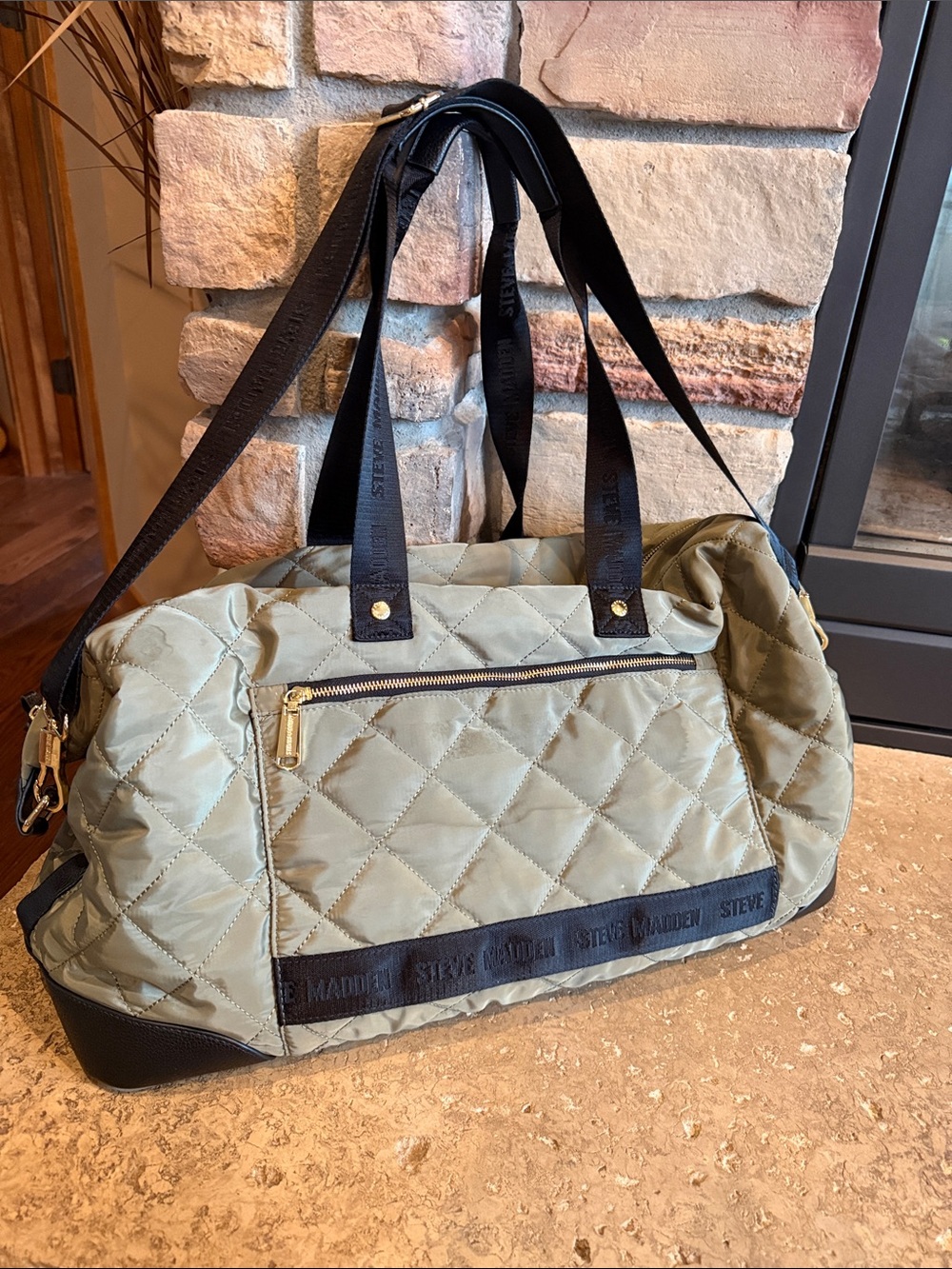 Steve Madden Bamos Olive Quilted Travel Duffel with Black Straps